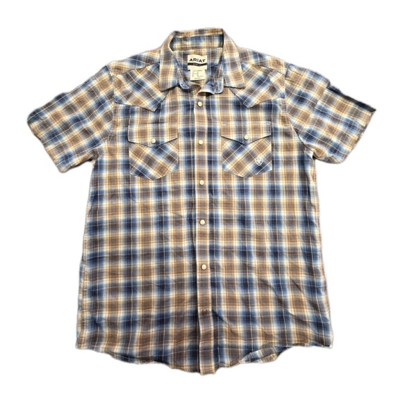 Ariat Other - Ariat Retro Fit Men's Medium Short Sleeve Brown Plaid Pearl Snaps Western Casual